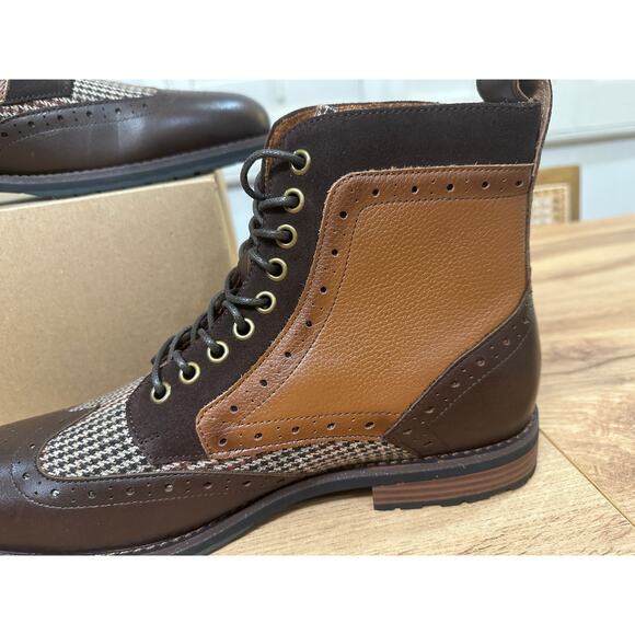 Stacy Adams Oswyn Wingtip Lace Boots Brown Multi Leather Textile Size 10 NWOB - Picture 9 of 12